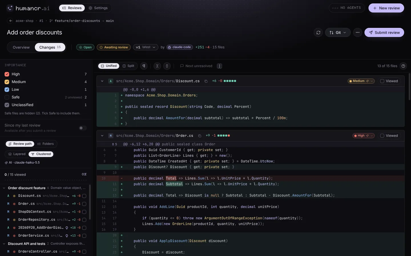 The humancr Changes view for a 15-file review. On the left, an importance filter with counts for High, Medium, Low, Safe and Unclassified files, and a review path that groups the files by feature. On the right, a syntax-highlighted diff of a C# change.